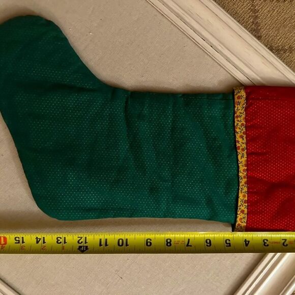 Vintage handsewn patchwork Christmas stocking with bows on shoes and coat - Picture 4 of 5